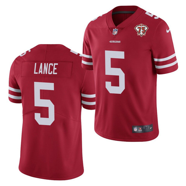Men's San Francisco 49ers #5 Trey Lance 2021 NFL Draft Red NFL 75th Anniversary Vapor Untouchable Stitched Jersey